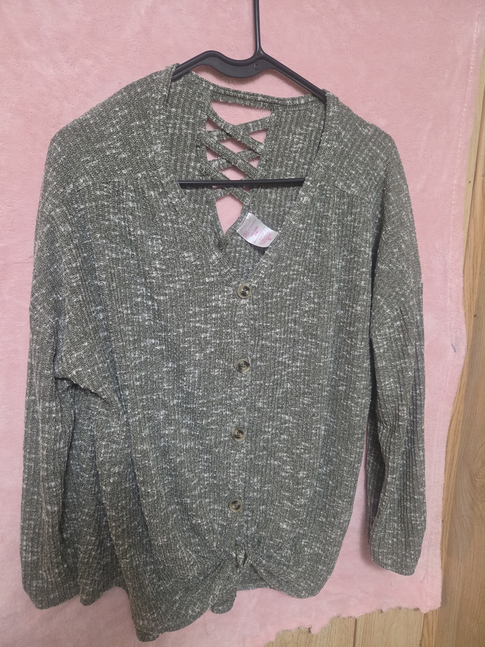 No Boundaries Olive Crisscross Back Button-Front Cardigan